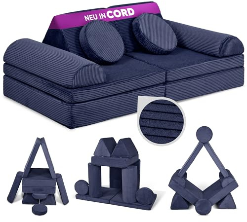 Linodino® Spielsofa Cord, Kindersofa-Bausteine, Kindercouch, Stapelsteine | Oeko Tex & spiel gut, formstabil & langlebig, waschbare Bezüge, wasserfeste Unterbezüge, verstärkte Nähte & Tragegriffe