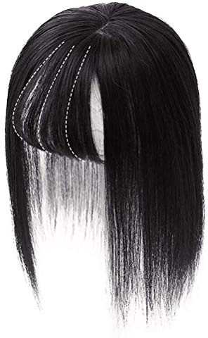 Topper per capelli veri da donna, con base in seta, con frangia, realizzato a mano, colore nero #38