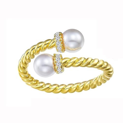 GUOGAOzz Der Doppelperlenring „The Purest Love“, Elegante offene Stapelringe mit Doppelperlen, Perlenringe aus S925 Sterlingsilber mit Verstellbarer Öffnung für Damen (1PCS-Gold,Adjustable)