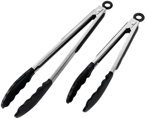 Albert Austin Pack of 2 Silicone Kitchen Tongs 9 and 12 Non-Stick Cooking Tongs with Silicone Tips Easy Grip Stainless Steel Handle Smart Lock Clip for Cooking BBQ Serving Barbecue & Salad (Black)