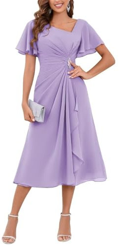 YIANN Classy Tea Longueur Mère de la mariée Robes avec manches pour mariage A Line mousseline de soie robe de soirée formelle, lilas, 38
