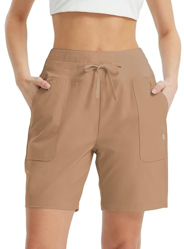 baleaf Löparshorts, dam med fickor, 18 cm knälånga sportshorts, dam, ventilerande, snabbtorkande, UV-skydd, sportbyxor, korta för utomhus, löpning, fitness, 1,0 – brun, L