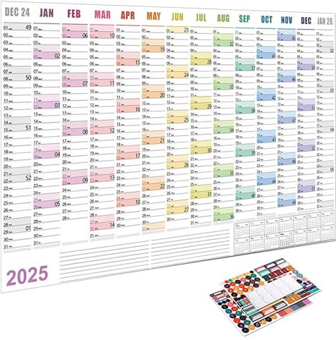 Jahresplaner Wandkalender 2025 Groß | 74,2x52,5 Cm Jahreskalender 2025 Wandkalender | Kalender 2025 Wandkalender mit Farbigen Aufklebern | Dicker Papier Urlaubsplaner Kalender für Zuhause und Studio
