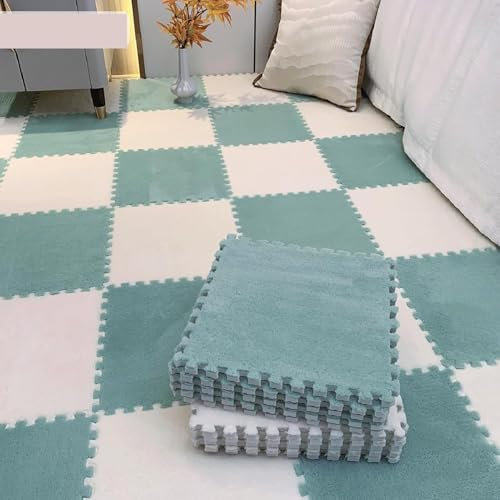 SSDDLZEQ Ineinandergreifender Teppich 30 weiche Plüschschaum-Fußmatten, ineinandergreifende Puzzle-Teppiche for Fitnessstudios, Kindergärten und Spielzimmer Dekoration(Mint Green+White)