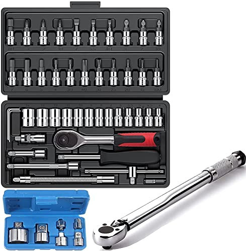 QWAXTRIW Socket Wrench Set, Professional 46Pcs Metric Socket Ratchet Wrench Set 1/4 Drive Socket Wrench Driver Bits Metric Set with 1/4 Torque Wrench 5-25Nm for Home and Car Repair etc (Styleablack)
