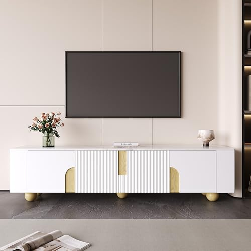 Jaxenor 180 cm TV-skåp, vitt med 4 dörrar, TV-bräda med kulformade träfötter, elegant TV-skåp för vardagsrum, TV-skåp, vitt