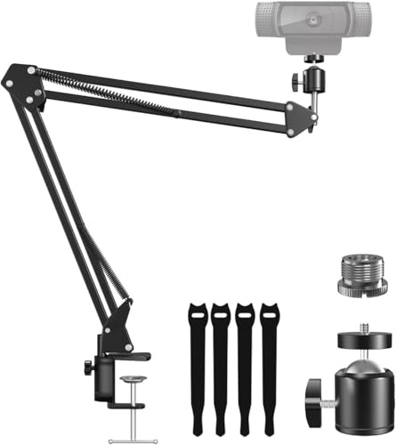 Webcam Stand, Boom Arm Camera Mount Stand for Logitech Webcam BRIO 4K C920 C920S C922 C922x C925e C930 NexiGo N60, 1/4-3/8 and 3/8-5/8 Screw for Blue Yeti Snowball Yeti Nano and Other Mics