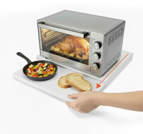 Avilia - Soporte microondas Extensible 39-62 x 47 x 4 cm con Estante extraíble, Estructura Ahorra Espacio Cocina, Bandeja Deslizante y Gomas Antideslizantes (Blanco)