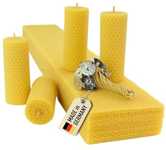 Wachsmann Stumpen Kerzen selber machen, 100% reines Bienenwachs aus Deutschland, Advent & Weihnachten, Bienenwachsplatten 60 x 10 cm, DIY Bastelset Kinder, inkl. Dochte