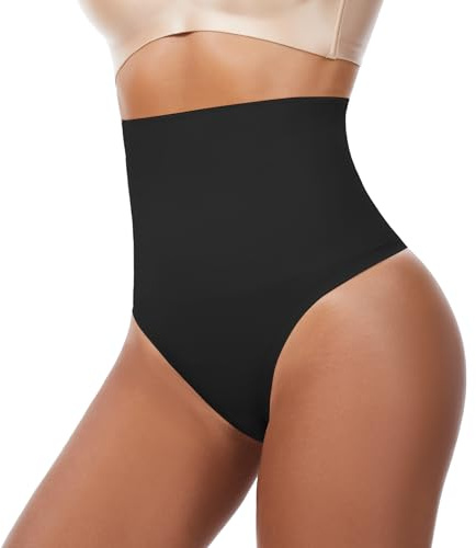 Ecogoose Tummy Control Thong Shapewear for Women - Seamless High Waisted Body Shaper Panties - Anti-Roll Firm Compression Faja for Under Tight Dresses & Jeans Black