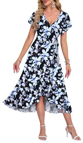 AUSELILY Summer Dresses for Women UK Midi Wrap Beach Casual V-Neck Short Sleeve Slit Ruffle Dress for Cocktail Wedding Guest