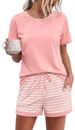 Litherday Pijama Mujer Verano Algodón Pijama Short Rayas Rosa M