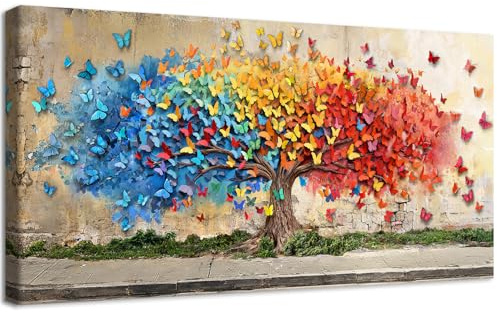 Grande Stampa su tela con Cornice Albero della Vita Farfalle Colorate Pittura Graffiti Arte Strada Quadri su tela Arancione Rosso Blu Quadri Moderni Stampe da Parete Soggiorno Camera da Letto 50x100cm