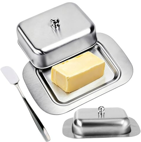 Käsebrotbox, Butterdose Edelstahl, Butterbehälter | Dessertschale mit Buttermesser, Silber, für Butter, auch geeignet für Käse, Kuchen, Desserts, Früchte