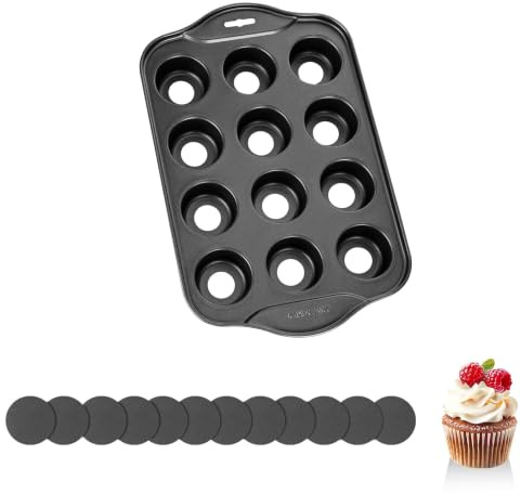 AiQInu Molde 12 Mini Magdalenas, Molde Magdalenas Horno, Bandeja para Muffins de Carbono con Fondo Desmontable y Revestimiento Antiadherente, para Cupcakes y Brownie, Pudín, 33x21x4 cm