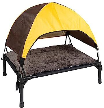 Hundeliege Outdoor mit UV-beständiges Dach,Hundebett Klappbar mit Hundedecke, Hundezelt Outdoor mit Schatten, Kühlendes Erhöhtes Hunde Bett Sonnenschutz für Camping, Garten & Pool (Gelb)