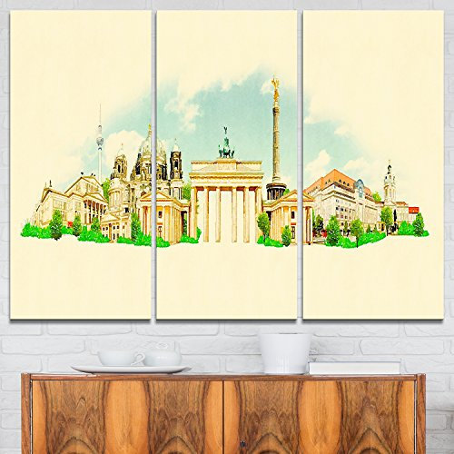 Design Art Leinwanddruck Berlin Panoramablick Stadtbild Aquarell 36x28-3 Paneele, Beige/Grün