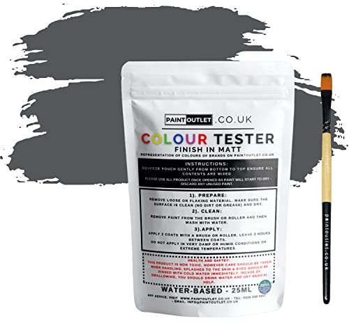 HQC Paint Wall and Ceilings Matt | Sample Colour Tester Pot with Brush | Quick Drying Quality Interior Paint | Contemporary Finish | Classic Grey Colour 25ml