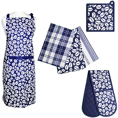 Prime Homewares Navy Blue Bean Design Pot Holder, Oven Glove, Tea Towels, Apron Navy Blue Bean Design (Full 6pc Set)