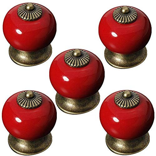 Voarge Runder Keramik-Knauf für Schranktüren/Schubladen, Schrank-Knopf Porzellan, Griff antik, Landhaus, Rot, 5 Stück