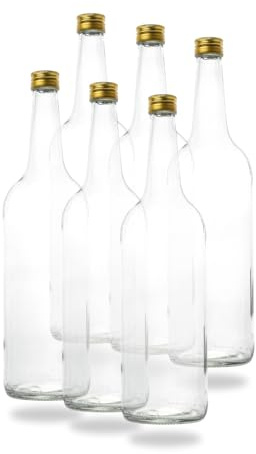 Flaschenbauer - 6 leere 1 Liter Glasflaschen 1000ml mit Schraubverschluss Gold PP28 - Glastrinkflasche 1l ideal als Wasserflasche Glas 1l, Schnapsflaschen 1l, Likörflaschen