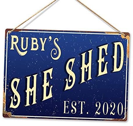 Personalised SHE SHED - Custom Name - Blue – Medium Twine | Printed Metal Wall Sign Plaque