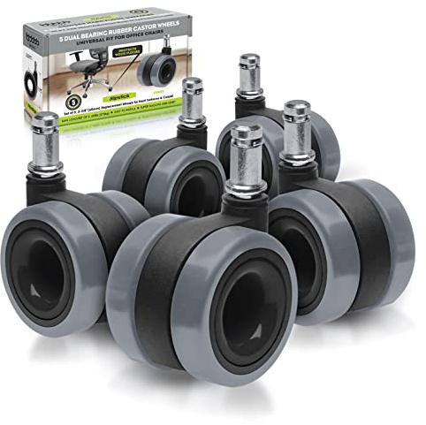 Slipstick CB685 Dual Bearing Rubber Office Chair Caster Wheels (Set of 5 Castors) Universal Fit Replacement Chair Casters for Hardwood Floors & Carpet, 2-3/8” Twin Rollers, 7/16 Inch Stem