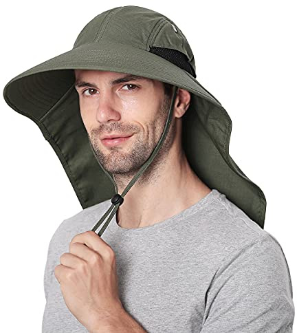Sombreros para el Sol Hombre, Gorra Transpirable ala Ancha protección UV Protege Cuello Cara, Sombrero Jardin Hombre Adecuado para Trekking (Ejercito Verde)