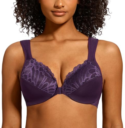 MELENECA Femme Soutien-Gorge Grande Taille Fermeture Devant Dentelle Sangle Coussin Couverture Totale Non Rembourré à Armature Violet 105B