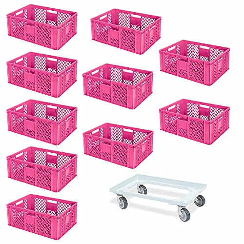 BRB 10 Eurobehälter, LxBxH 600x400x240 mm, lebensmittelecht + 1 Transportroller (pink/weiß)
