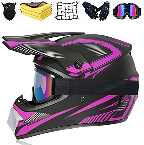 Crosshelm Fullface Set Downhill-Helm Für Erwachsene Und Kinder Mit Visier Brille Handschuhe Maske Motorrad Netz,Handtuch,für BMX, MTB, Quad, Enduro, ATV, Roller, Unisex (B,M(57-58cm?)