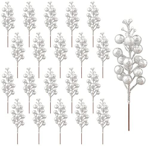 20 Stück Silber Beeren Stiele,Künstliche Burgunder Beeren Picks Stechpalme Rote Beeren Zweige Weihnachtsbeeren Stiel Picks für Weihnachtsbaum DIY Handwerk Hochzeit Feiertage Winter Dekoration