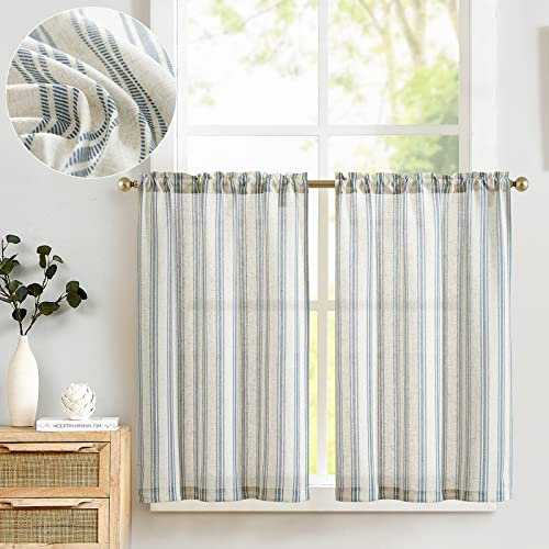 TOPICK Leinen Gestreifte Scheibengardinen Lichtdurchlässig Bistrogardine Sheer Vorhang Privatsphäre Fenstervorhang Gardine für kleine Fenster Küche Bad Wohnzimmer 2er Set 65Bx60H(cm) Blau auf Beige
