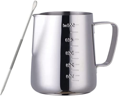 BISDARUN Milk Jugs 550ml Milk Frothing Pitchers for Cappuccino Latte Coffee Espresso Barista Making, Stainless Steel Milk Frothing Jug with Decorating Art Pen, Silver