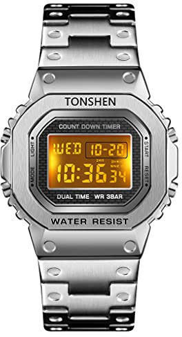 TONSHEN Herrenuhr Edelstahl Digitaluhr Sportuhr LED Elektronik Outdoor Multifunktional Doppelte Zeit Countdown Alarm Stoppuhr Uhren Casual Armbanduhr