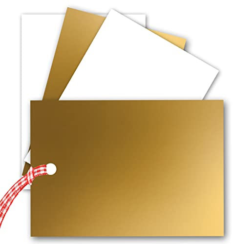 50 x enkelkort Din A7 10,5 x 7,3 cm 240 g/m² guld metallic med hål och vitrött band – flasketikett blanka minikort perfekt för egen design för presentetiketter och som etiketter