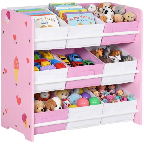 ZONEKIZ Kids Storage Unit Toy Storage Unit Bookshelf Nine Baskets Pink | Removable Baskets, Toy Box Organiser, Bedroom, Nursery, Playroom