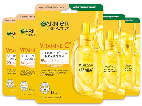 GARNIER Skin Active - Lot De 5 Masques Tissu Booster D'Éclat - Illumine, Hydrate & Repulpe La Peau - Vitamine C Et Acide Hyaluronique - Vegan & Cruelty Free - Peaux Ternes - x5