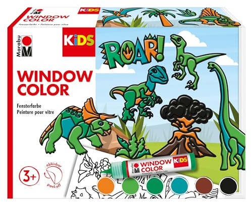 Marabu 306000000004 - KiDS Window Color Set Dinosaurier, 6 x 25 ml Fensterfarbe auf Wasserbasis, 2 Malvorlagen in A3 und A4, 30 Motive, für Kinder ab 3 Jahren