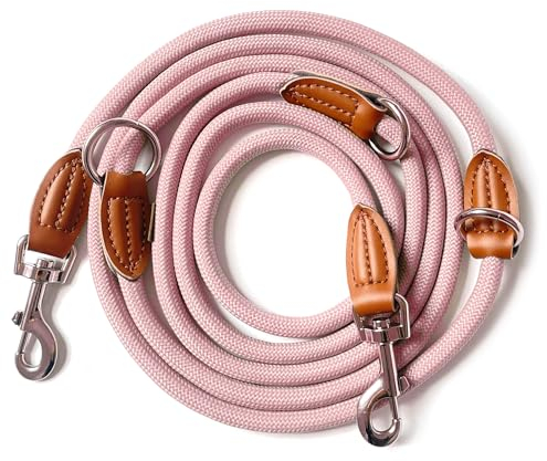 Leisegrün Hundeleine große Hunde | Führleine 3m verstellbar mit 2 Karabiner | 3 Meter lang x 1,1 cm | Nur 300 g | Modell Devon | Rosa