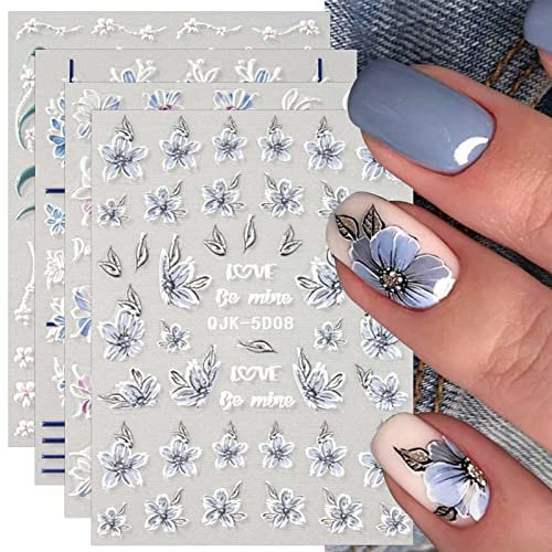 JMEOWIO 3D Nagelsticker Frühling Blume Nail Art Sticker Selbstklebend Nagelaufkleber 5D Stereoskopisch Buntes Sommer Blumen Dekoration Nageldesign Zubehör 4 Blatt