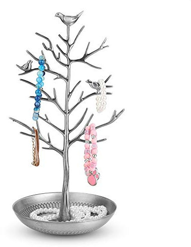 Jewellery Display Stand, Stylish Metal Tree Shape Hanger with Dish Base, Organiser Holder for Necklaces Bracelets Pendant Rings Watches, Silver, for Accessories Storage in Bedroom or Dressing Room