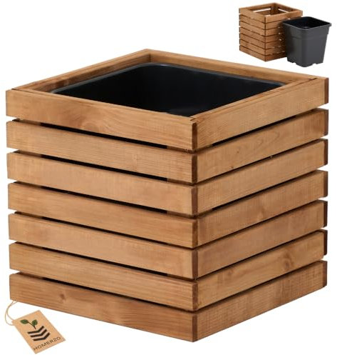 HOMERZO Pflanzkübel Holz – imprägniert wetterfest – mit herausnehmbarem Kunststoffeinsatz – Hochbeet Blumenkasten für Balkon Garten Terrasse (Horizontal-braun 36x36 H35 cm)