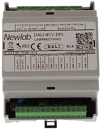 NEWLAB DALI-4CV-DIN, LED-Dimmer mit 4 Kanälen in Spannung DC 12 V 24 V 48 V, Eingang DALI, Ausgang in 4 PWM Kanälen, Made in Italy