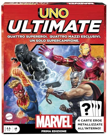 Mattel Games UNO Ultimate Marvel, gioco con 4 carte laminate da collezione e supereroi Black Panther, Captain Marvel, Iron Man e Thor, giocattolo per bambini, 7+ anni, Versione italiana, HWX08