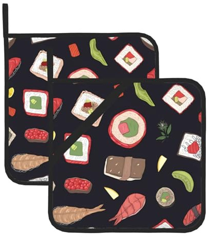 Set di 2 presine giapponesi per sushi nero, per cucina, resistenti al calore, lavabili e resistenti al calore, cuscinetti caldi o cucina cottura forno a microonde barbecue