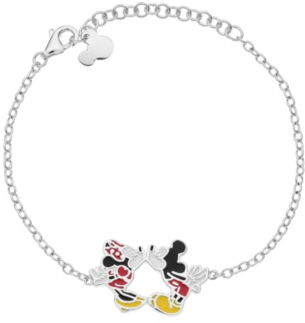 Disney Micky und Minnie Armband aus 925er Silber mit farbiger Emaille, verstellbares Kinderarmband mit Kuss-Anhänger, Geschenkbox, Offizieller Disney Schmuck
