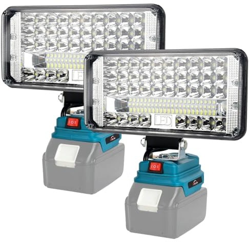 AUTOJARE 7 zoll Akku Lampe für Makita 18V 90W Kabellose Led Arbeitsleuchte Akku 7500LM Tragbares Flutlichter 2 Helligkeitseinstellungen Baustellen Lampe mit 2 USB-Aufladung (2 Stück, kein Akku)