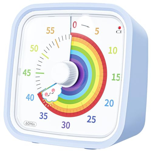 Yunbaoit Visueller Timer mit Schutzhülle, Regenbogen-Scheibe 60-Minuten-Countdown-Timer für Kinder und Erwachsene, leises Time Management-Werkzeug(Hellblau)