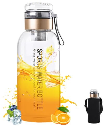 HIULLEN Trinkflasche Glas 1L mit Neoprenhülle, Glasflasche mit Edelstahl-Sieb, Wasserflasche Glas Auslaufsichere Glastrinkflasche für kalten Heiß Getränken Smoothies, für Outdoor Büro Schule